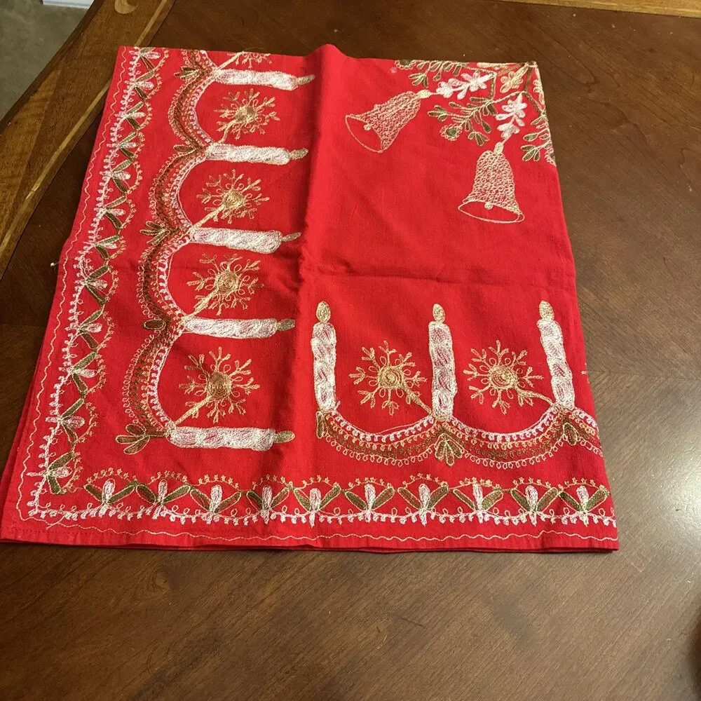 Holiday tablecloth, red gold metallic, 39”X 35”